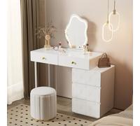 Seyakany Coiffeuse, 5 tiroirs, sans Miroir ni Tabouret, Caisson et Pieds interchangeables Gauche et Droite, 90 x 40 x 73,5 cm, Motif Vagues, Style Minimaliste, Commode, Blanc