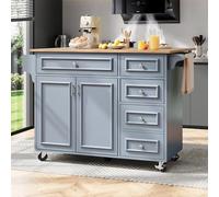 Seyakany Desserte de Cuisine Mobile 110x45-75x92cm,îlot Central sur roulettes avec 4 tiroirs et 2 Portes,Chariot de Salle à Manger avec Plan de Travail Rabattable,Table à Manger Vintage,Buffet(Bleu)