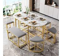 Seyakany Ensemble de salle à manger (avec table à manger, 4 petits tabourets et 2 grands tabourets), ensemble de table à manger de cuisine avec cadre en acier. 140*70*76cm, capacité de charge 120 kg