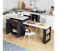 Seyakany Îlot de Cuisine avec Table à Manger Extensible pour 4 à 6 Personnes, Table de Cuisine Bicolore, Prise de Courant, Meuble de Rangement, 2 tiroirs, 2 étagères latérales Ouvertes