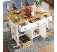 Seyakany Îlot de Cuisine Moderne (120×45-73×90cm),Armoire de Cuisine,Chariot de Repas Amovible avec Établi Pliant,Buffet en Bois avec Panier en pin,Buffet Salle a Manger,Blanc