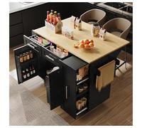 Seyakany Îlot de Cuisine Moderne,Armoire Cuisine,Chariot de Repas avec veines de Bois,Table de Repas multifonctionnelle,avec étagères à Snacks et armoires fonctionnelles Stretch,110x46x90.5cm,Noir