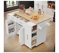 Seyakany Îlot de Cuisine Moderne, Armoire Cuisine,Chariot de Repas avec veines de Bois,Table de Repas multifonctionnelle,avec étagères à Snacks et armoires fonctionnelles Stretch,110x46x90.5cm,Blanc