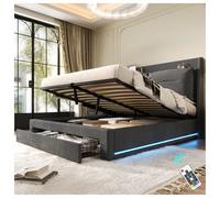 Seyakany lit 160 x 200 avec sommier, lit Coffre avec Levage hydraulique, tiroirs de Rangement 2 en 1 en Bout, Barres Lumineuses LED encastrées, avec Rangement, sans Matelas, Velours, Gris