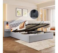 Seyakany lit 160 x 200 avec sommier, tête de lit intégrée, lit Coffre avec mécanisme de Levage hydraulique, Port USB, 2 Lampes de Chevet, Grand Espace de Rangement, Gris, sans Matelas