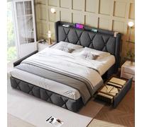Seyakany lit 2 Personnes 160x200cm avec Chargement USB, lit Coffre avec 4 tiroirs, sommier à Lattes en Bois, Lin, Gris (Matelas Non Inclus)