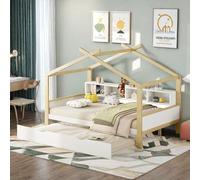 Seyakany Lit Cabane 140x200 cm avec Barrière et Lit Gigogne, Mezzanine 1 Place, Quatre Rangements, Blanc