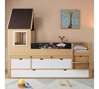 Seyakany Lit cabane Enfants 90x190 et 90x200 avec Bureau gigogne,lit Enfant avec Rangement,lit Double Enfant avec tiroirs et gigogne,Mezzanine 2 Places,pin+MDF, Blanc+Naturel