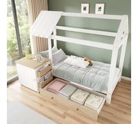 Seyakany Lit cabane Enfants en Bois Massif avec tiroirs et Table de Chevet Amovible,lit Enfant 90x200,Cadre de lit 1 Personne 90x200 avec sommier à Lattes,sans Matelas (Chêne+Blanc)