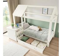 Seyakany Lit cabane Enfants en Bois Massif avec tiroirs et Table de Chevet Amovible,lit Enfant 90x200,Cadre de lit 1 Personne 90x200 avec sommier à Lattes,sans Matelas (Blanc)