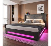 Seyakany Lit Coffre 160x200 avec 2 liseuses,Prises USB et LED, système hydraulique,très Grand Espace de Rangement en Bas,lit 2 Personne,Cadre de lit 160x200 avec sommier,Velours,Gris