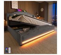 Seyakany lit Double 160x200 avec éclairage LED et Port de Charge USB-C, lit Coffre avec Espace de Rangement hydraulique, sommier sommier à Lattes, Velours, Gris, sans Matelas