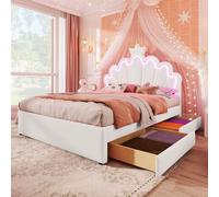 Seyakany Lit Enfant 140 x 200 cm avec 2 tiroirs, lit Princesse en Forme de Couronne avec éclairage d'ambiance télécommandé, tête de lit réglable, PU, Blanc (sans Matelas)