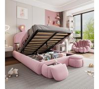 Seyakany lit Enfant 140x200cm, lit Coffre avec Dispositif hydraulique, Oreilles de Lapin avec Bandes Lumineuses de Couleurs Chaudes à luminosité réglable, 2 tabourets de Rangement, Velours, Rose