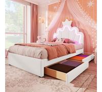 Seyakany Lit Enfant 90 x 200 cm avec 2 tiroirs, lit Princesse en Forme de Couronne avec éclairage d'ambiance télécommandé, tête de lit réglable, PU, Blanc (sans Matelas)