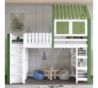 Seyakany Lit Mezzanine 1 Place avec Armoire et étagère de Rangement Ouverte à Trois Niveaux,lit cabane Enfants 90x200 avec barrière de sécurité,Cadre de lit Enfant,Blanc+Vert