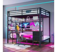 Seyakany lit Mezzanine 140 x 200 cm avec Bande Lumineuse LED et Port USB,métal Lit superposé Enfant 2 Place avec tiroirs Rangement et Grille de Suspension,Bureaus,avec barrières et échelle,Noir