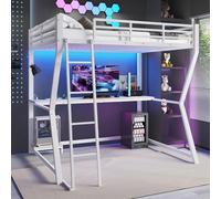 Seyakany Lit Mezzanine 140x200 cm avec Prise électrique et USB,métal lit Mezzanine 2 Place avec lumière télécommandée et,Bureau,escalier,Rampe,Tablette pour Console d'ordinateur,sans Matelas(Blanc)