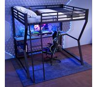 Seyakany Lit Mezzanine 140x200 cm avec Prise électrique et USB, métal lit Mezzanine 2 Place avec lumière télécommandée et,Bureau,escalier,Rampe,Tablette pour Console d'ordinateur,sans Matelas(Noir)