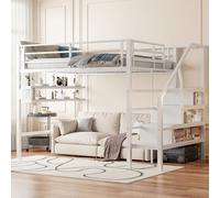 Seyakany lit Mezzanine 2 Places 140x200 cm avec escalier de Rangement, lit Mezzanine Enfant avec étagères, Structure métallique avec Garde-Corps, sans Matelas, Blanc