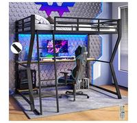 Seyakany Lit Mezzanine 90 x 200, lit Mezzanine 1 Place avec lumière d'ambiance télécommandée, Tablette pour Console d'ordinateur, Bureau, Prise électrique+USB, Rampe, escalier, sans Matelas, Noir