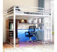 Seyakany lit Mezzanine Enfant 140x200 cm,métal Lit Mezzanine 2 Place avec éclairage LED et Bureau,Lit superposé 140x200 avec 1 tiroir et étagère,avec escalier et Rampe,pour Enfant,sans Matelas,Blanc