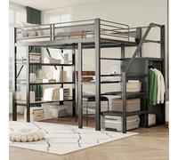 Seyakany Lit mezzanine enfant 140x200cm avec étagère de rangement à trois niveaux,métal lit superposé 2 Place 140x200 avec bureau et armoire,avec Escaliers de rangement,haute clôture,sans Matelas,Noir