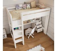 Seyakany Lit Mezzanine Enfant 90×200cm avec Bureau en L, étagères et tiroirs avec Zone de Chargement USB/Type-C, lit Simple ado avec échelle et sommier à Lattes en Bois, Blanc, sans Matelas