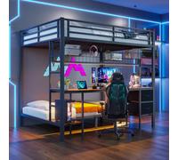 Seyakany Lit Mezzanine Enfant 90x200 et 140x200 cm avec Bande LED et Port USB,lit Enfant avec Rangement et Barriere et tiroirs,lit superposé Mezzanine escalier avec Bureau (Noir)