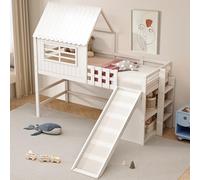 Seyakany Lit Mezzanine Enfant 90x200cm avec échelle de sécurité et Toboggan,Lit superposé avec Rangement à Plusieurs Niveaux, Lit Cabane Enfant 90x200 en Bois Massif avec fenêtres,sans Matelas(Blanc)