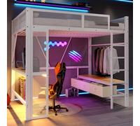 Seyakany Lit Mezzanine Gaming 140x200cm avec LED e Port USB, métal Lit Superposé avec Bureau,amoire Ouverte et 3 tiroirs, Garde-Corp,Cadre de lit ado 140x200,sans Matelas(Blanc)