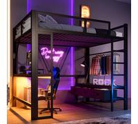 Seyakany Lit Mezzanine Gaming en métal 140 x 200 cm avec Port USB, LED, Bureau, Armoire Ouverte et 3 tiroirs, lit ado, Noir