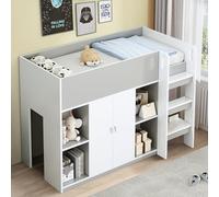 Seyakany Lit Mezzanine Multifonction Enfant 90 x 200 avec Rangement,Lit Mezzanine 1 Places avec penderie et étagères,Cadre de lit 90 x 200 avec échelle intégrée et Bois Structure,sans Matelas,Gris