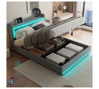 Seyakany Lit Plat 160x200cm avec sommier, lumière ambiante au Bout du lit, réglable par Application, lit Coffre avec Dispositif hydraulique, Port USB, Grand Espace de Rangement, Gris