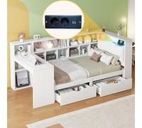 Seyakany Lit Plateforme en Bois 90 x 200 cm en L avec Bureau et bibliothèque, lit Capitaine d'angle avec tête de lit capitonnée, tiroirs sous Le lit et éclairage LED - Blanc,Matelas Non Inclus