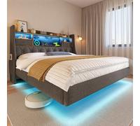 Seyakany Lit rembourré 160x200 cm avec éclairage LED et Ports USB Type-C,lit Flottant Double avec tête de Rangement,Cadres de lit 160x200 avec sommier à Lattes,Tissu de Lin,sans Matelas,Gris