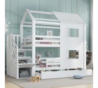 Seyakany Lit superposé 90x200 cm avec Armoire escalier, lit Enfant avec 2 tiroirs de Rangement sur roulettes, Belles fenêtres et Toit, sommier à Lattes Robuste, pin + MDF + contreplaqué, Blanc