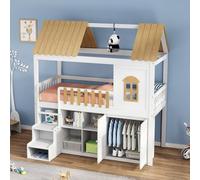 Seyakany Lit superposé 90x200cm en Bois, lit Mezzanine Enfant avec Armoire, avec fenêtre, Cadre en pin, avec Meuble à Chaussures, marches sécurisées, Rambarde, Beaucoup d'espace de Rangement