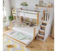 Seyakany Lit superposé Enfant 90x200,lit cabane Enfants 120x200 avec escalier,lit Mezzanine 2 Places avec Barriere,avec gigogne,Conception spéciale du Panneau de Porte,pin + MDF,Blanc + Nature