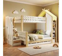 Seyakany Lit superposé Enfant 90x200cm+140x200cm avec échelle de Rangement et 2 tiroirs,lit cabane Enfant avec Rangement Ouverts et barrière irrégulière,Lit mi Hauteur,pin,sans Matelas,Blanc+Naturel