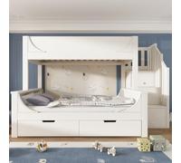 Seyakany Lit superposé enfant 90x200cm et 140x200cm avec échelle et tiroirs, design en forme de luge, lit en bois avec protection antichute et sommier à lattes, lit parent-enfant, blanc (sans matelas)