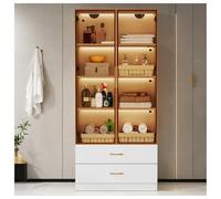Seyakany Meuble Salle de Bain, Rangement Salle de Bain avec Bandeau Lumineux, Armoire de Rangement avec 2 Grands tiroirs et 2 Portes, Porte vitrée, 75 x 34.5 x 170 cm, Blanc