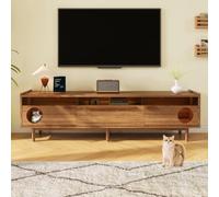 Seyakany Meuble TV Moderne 180×40×50 cm avec éclairage LED,avec Coin Repos pour Chat, leviers de Support, Portes en Verre renforcé d'acier et 1 tiroir (sans Coussin pour Chat),Noyer(B-Noyer)