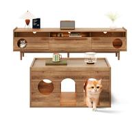 Seyakany Meuble TV + Table Basse,Ensemble de Meubles de Salon combinés, Meuble TV LED, Meubles pour Animaux de Compagnie,Espace de Repos pour Chat (sans Coussin pour Chat),Noyer(D-Noyer)