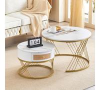 Seyakany Table Basse Blanche en Deux Parties - Design élégant avec Un Plateau texturé en marbre et des tiroirs avec des façades en rotin Plastique et des Accents dorés.