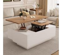 Seyakany Table Basse relevable multifonctionnelle 100x50x55,5cm,Le Plateau Peut être Ouvert pour Former 2 Tables,Table Basse Salon avec Espace de Rangement,Blanc + Couleur Bois