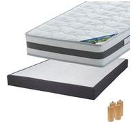SEYCHELLES - Pack Matelas 160x200 + Sommier Tapissier Démontable 2x20 Lattes Anthracites + Pieds Bois 15cm -