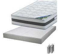 SEYCHELLES - Pack Matelas 160x200 + Sommier Tapissier Démontable 2x20 Lattes Lin + Pieds Argent 15cm -