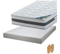SEYCHELLES - Pack Matelas 160x200 + Sommier Tapissier Démontable 2x20 Lattes Lin + Pieds Bois 15cm -