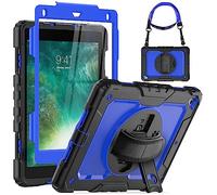 Seymac Coque de protection robuste pour iPad 9,7" 2018/2017, avec dragonne rotative à 360°, support, bandoulière, protection d’écran et porte-stylet Apple, pour iPad de 5e/6e génération iPad 9.7'' 2017/2018, iPad Air 2, iPad Pro 9.7'' noir/bleu